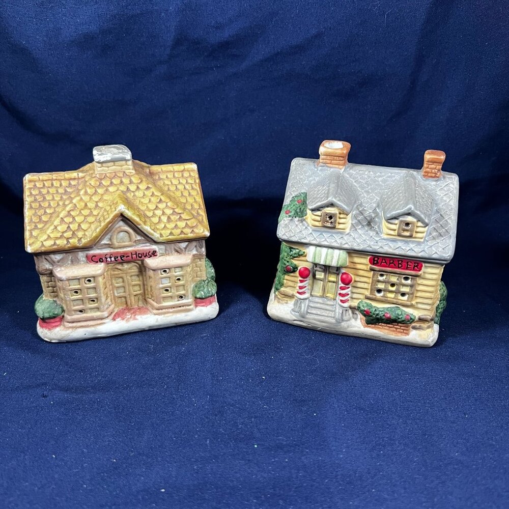 Set Of 2 Ceramic Tea Light Holders Coffee House & Barber Shop Village Scene Deco - Picture 1 of 4